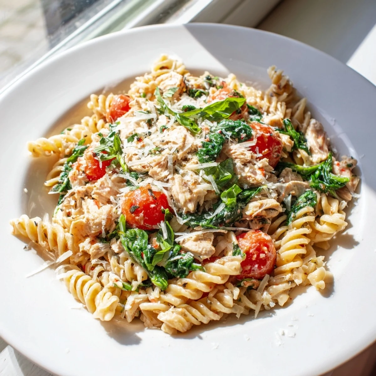 Sizzling chicken and pasta in a skillet, garnished with fresh parsley and basil, ready for a family weeknight dinner.