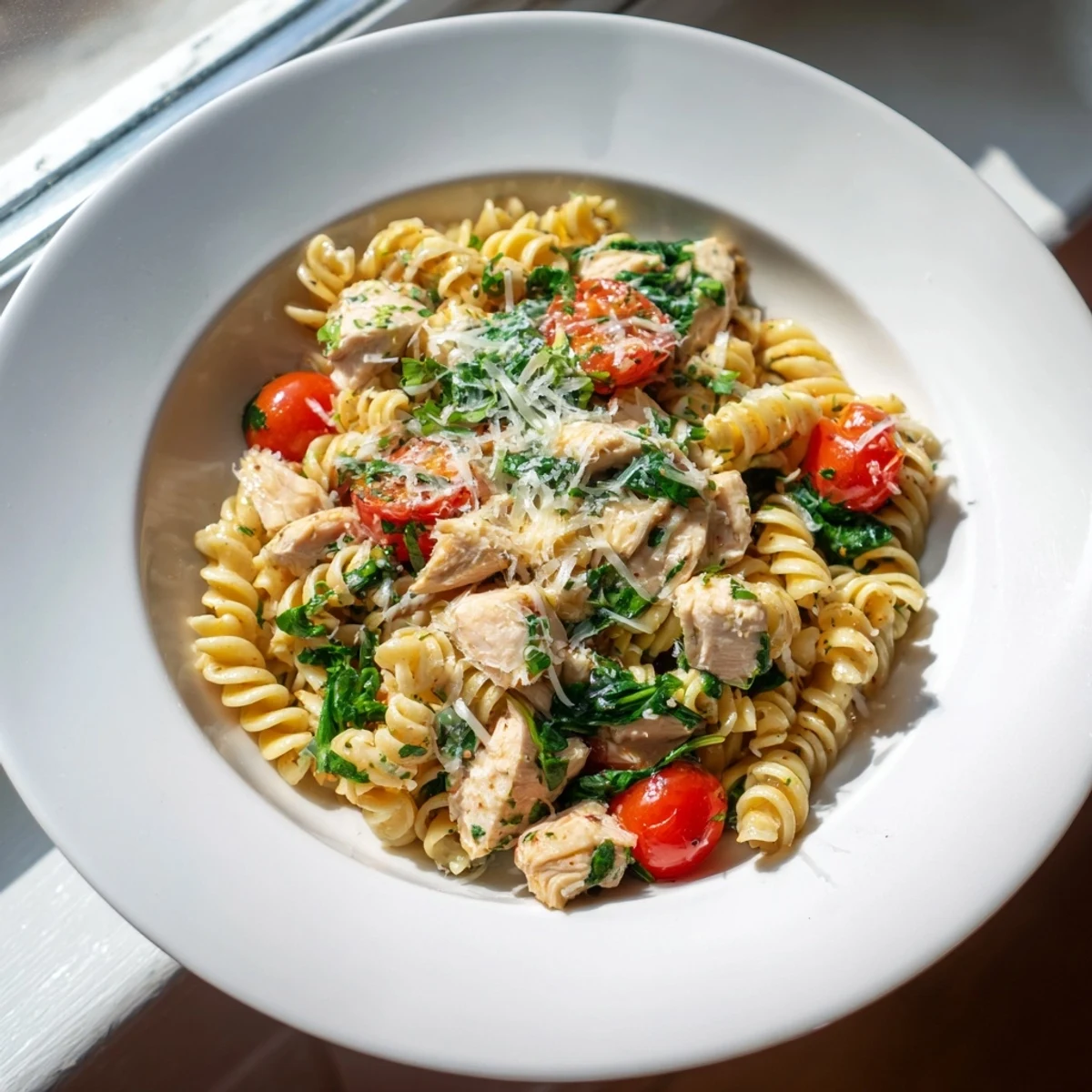 A close-up of One-Pan Lemon Herb Pasta Chicken shows melted Parmesan cheese and vibrant herbs coating the saucy noodles.