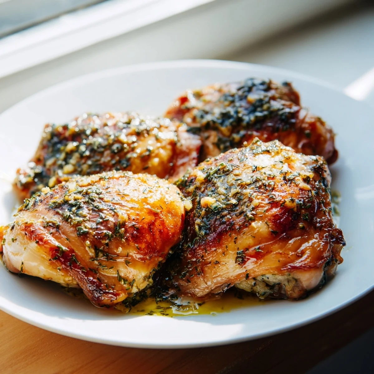 Juicy Garlic Butter Chicken Thighs roasted to golden crispiness, garnished with fresh parsley and served with roasted vegetables.