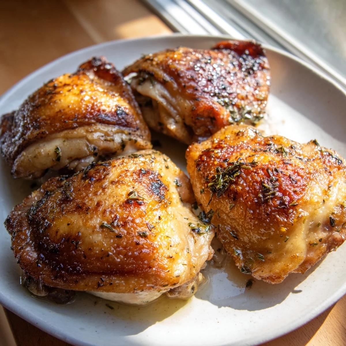Tender bone-in chicken thighs with a rich garlic butter sauce, herbs, and crispy skin, plated with lemon wedges for brightness.