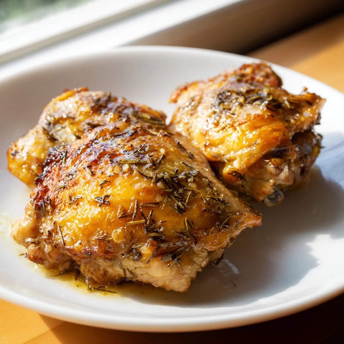 A skillet of roasted Garlic Butter Chicken Thighs, golden and aromatic, garnished with parsley and ready for a family dinner.