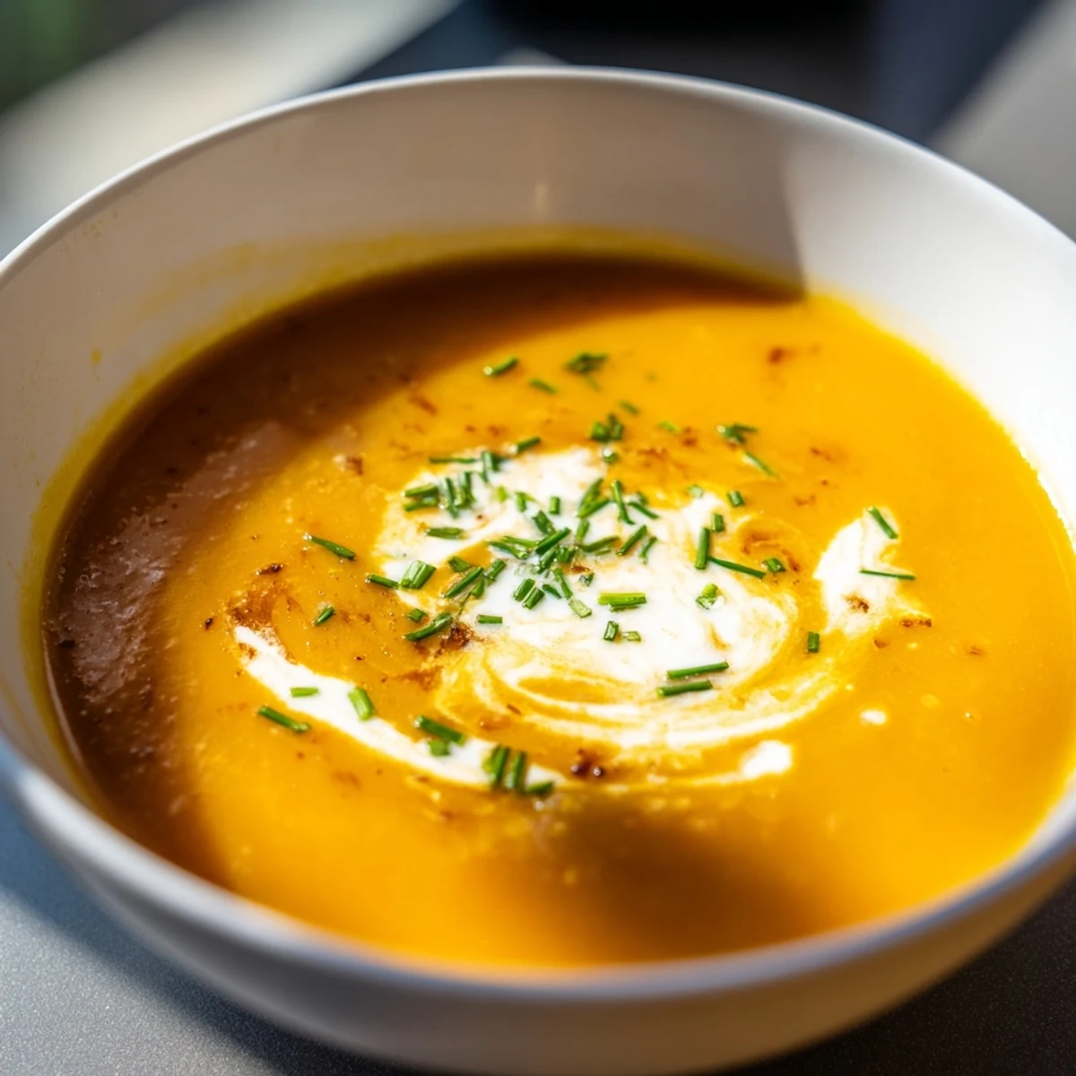 A bowl of creamy carrot-based soup garnished with fresh parsley and a swirl of cream, served with warm crusty bread on the side.