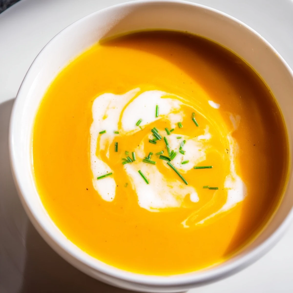 Vibrant orange carrot-based soup with roasted carrots, ginger, and cream, perfect for a cozy vegetarian lunch or dinner.