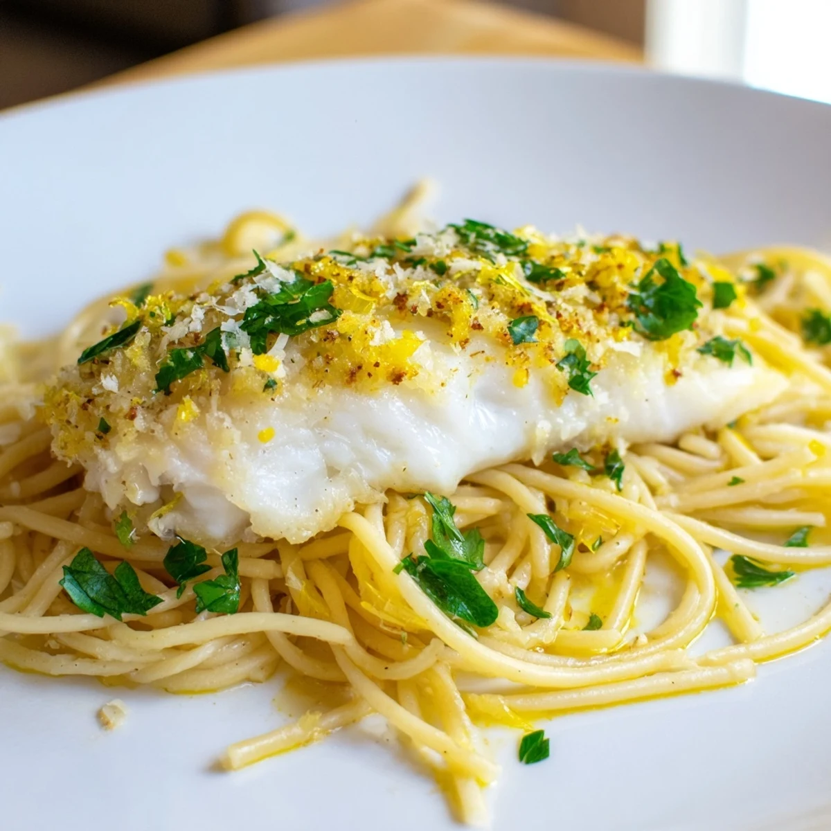Overhead view of Lemon Bass Pasta with golden-brown grilled sea bass fillets, bright lemon wedges, and grated Parmesan on a rustic wooden table.