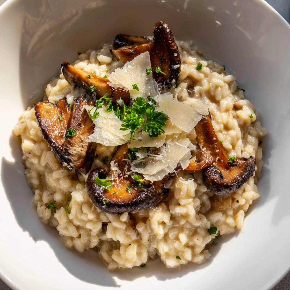 A close-up of a spoon diving into velvety roasted mushroom risotto, revealing steam rising and tender, caramelized mushroom pieces.  