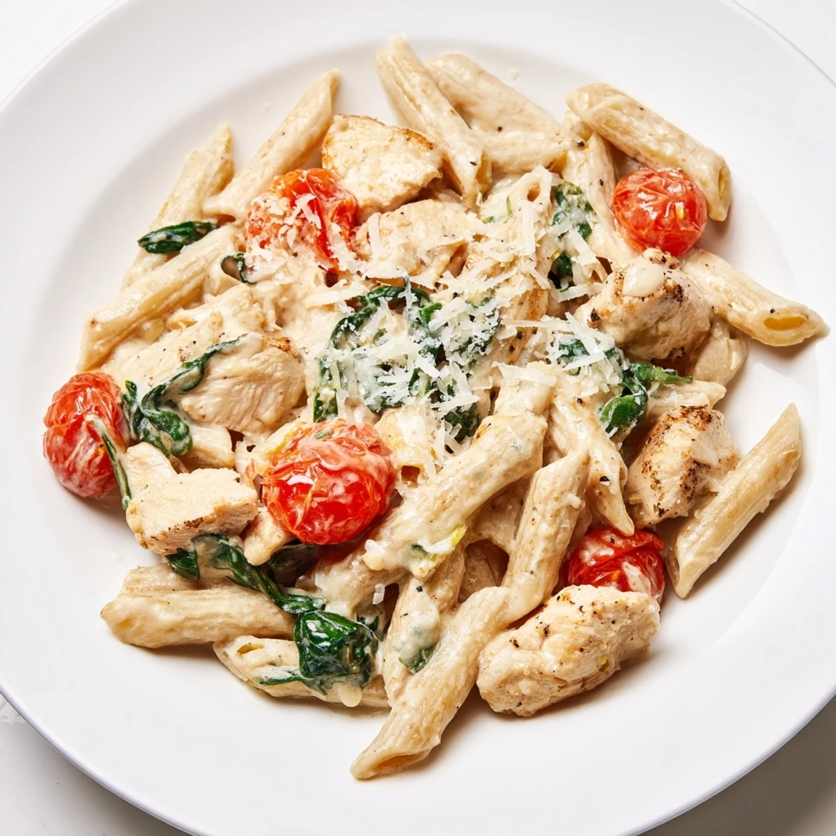 A warm bowl of Greek Yogurt Chicken Pasta with tender chicken, whole wheat penne, and a creamy, tangy sauce dotted with spinach and tomatoes.  