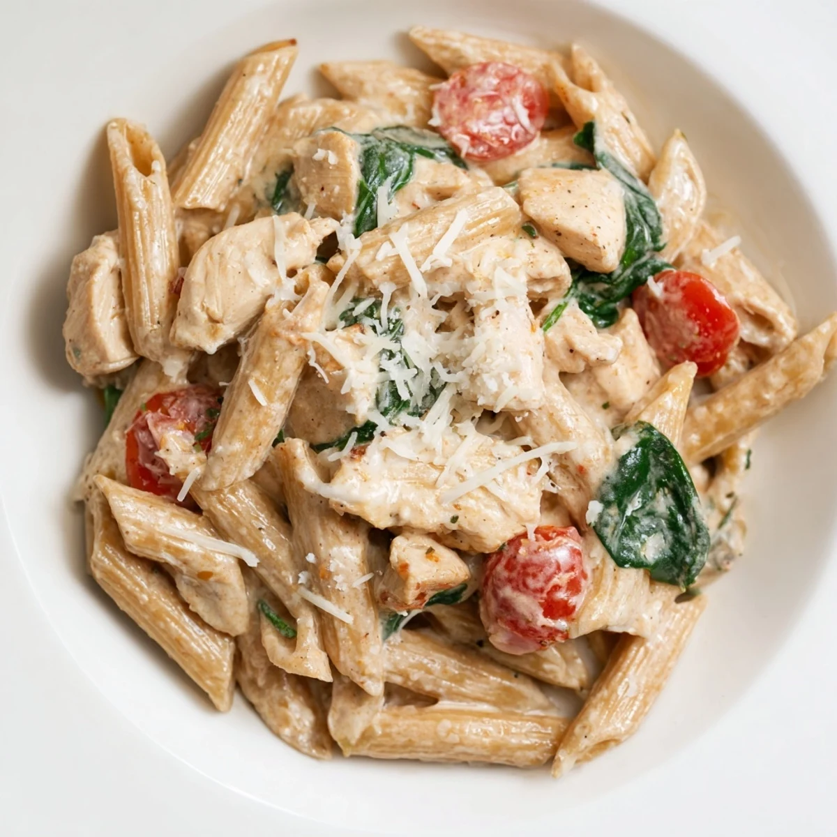 Serving suggestion for Greek Yogurt Chicken Pasta, a comforting Mediterranean dish with creamy sauce, wilted spinach, and halved cherry tomatoes over whole wheat pasta.