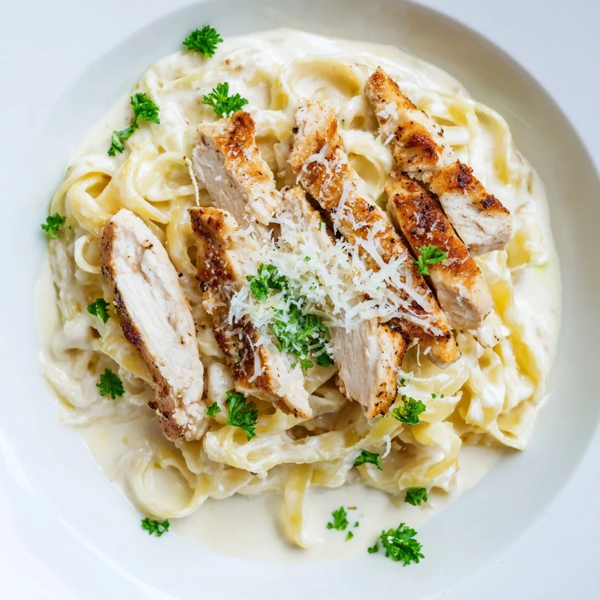 Sliced Cajun-seasoned chicken breast over fettuccine Alfredo, served warm with a velvety cream sauce and optional red pepper flakes.