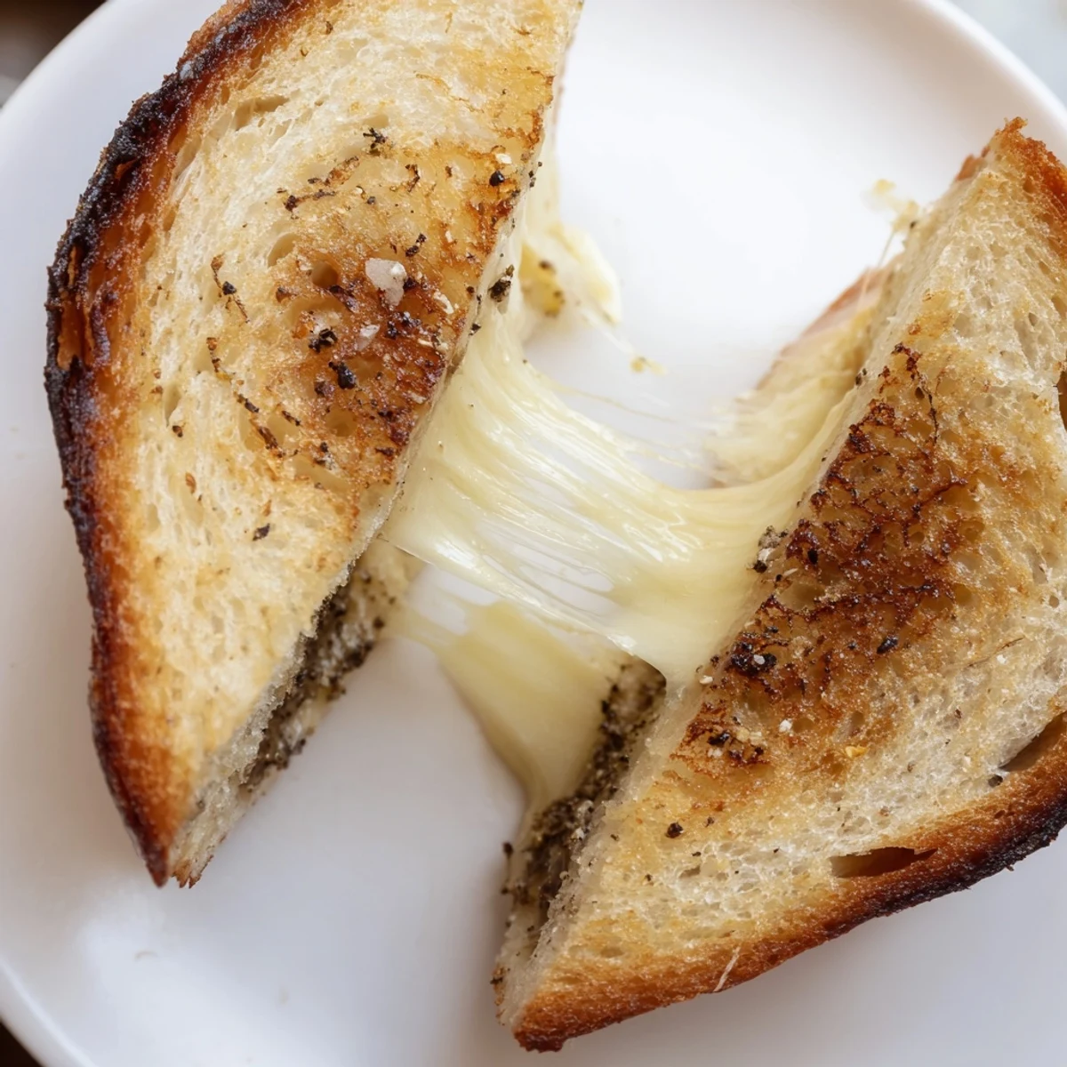 Freshly sliced Truffle Grilled Cheese rests on a white plate beside a glass of crisp Sauvignon Blanc for pairing.