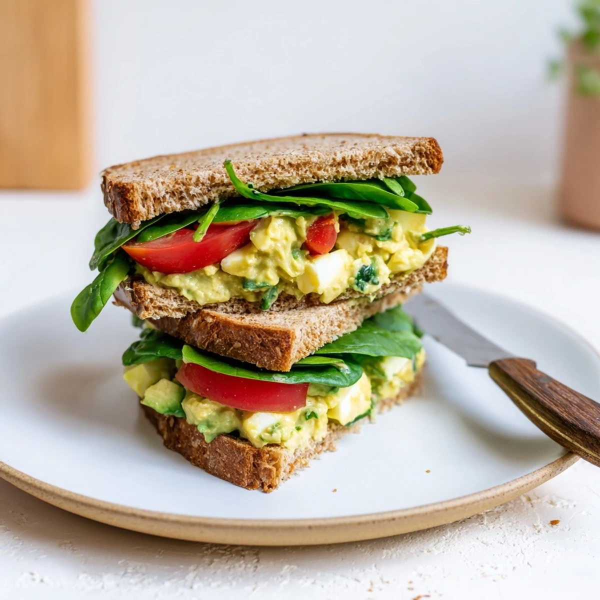 A close-up view shows the vibrant green avocado egg salad sandwich on toasted bread, garnished with chives and lemon zest.  