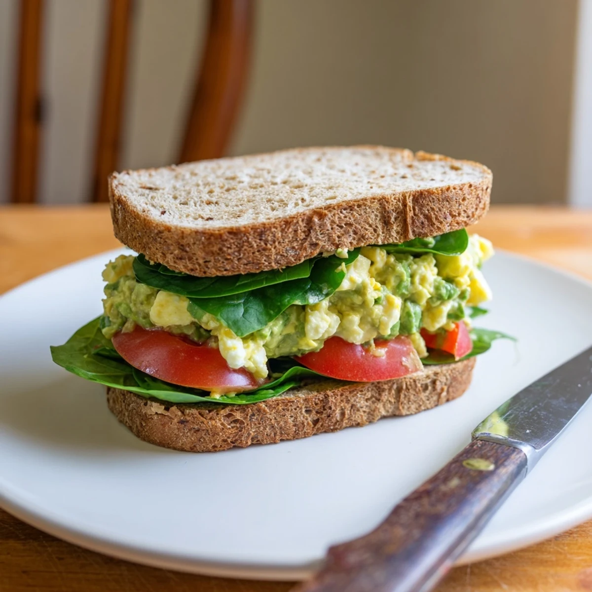 Thick slices of whole grain bread hold a creamy avocado egg salad sandwich, layered with fresh spinach and ripe tomato slices.  