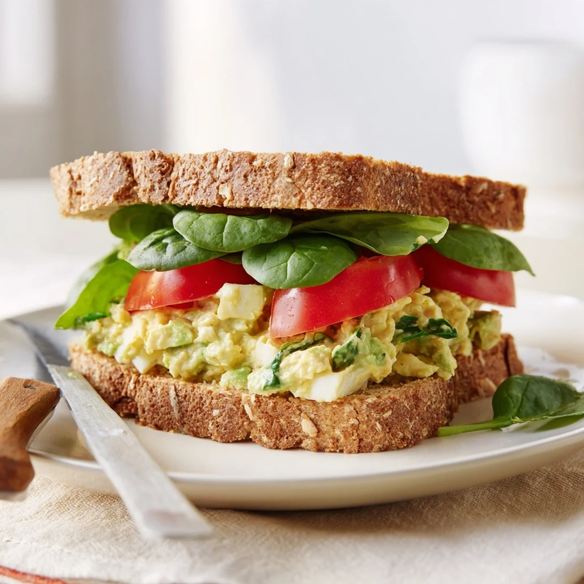 Served on a rustic wooden board, the avocado egg salad sandwich features chunky eggs, creamy avocado, and a hint of Dijon mustard.