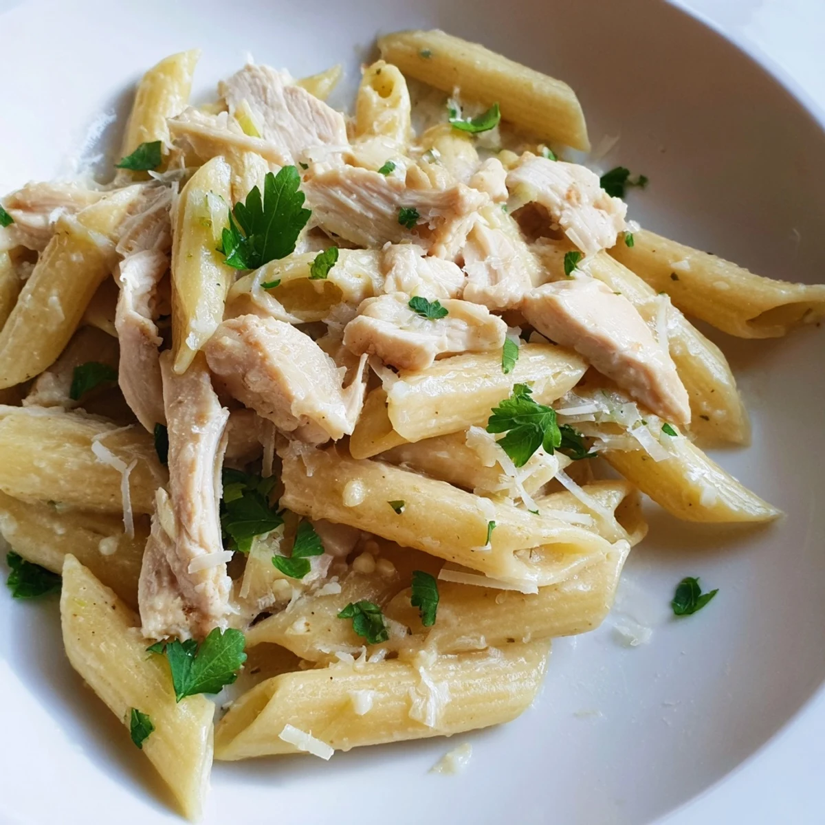 A plated serving of Roasted Garlic Chicken Penne with extra grated Parmesan and red pepper flakes, ready to be enjoyed.