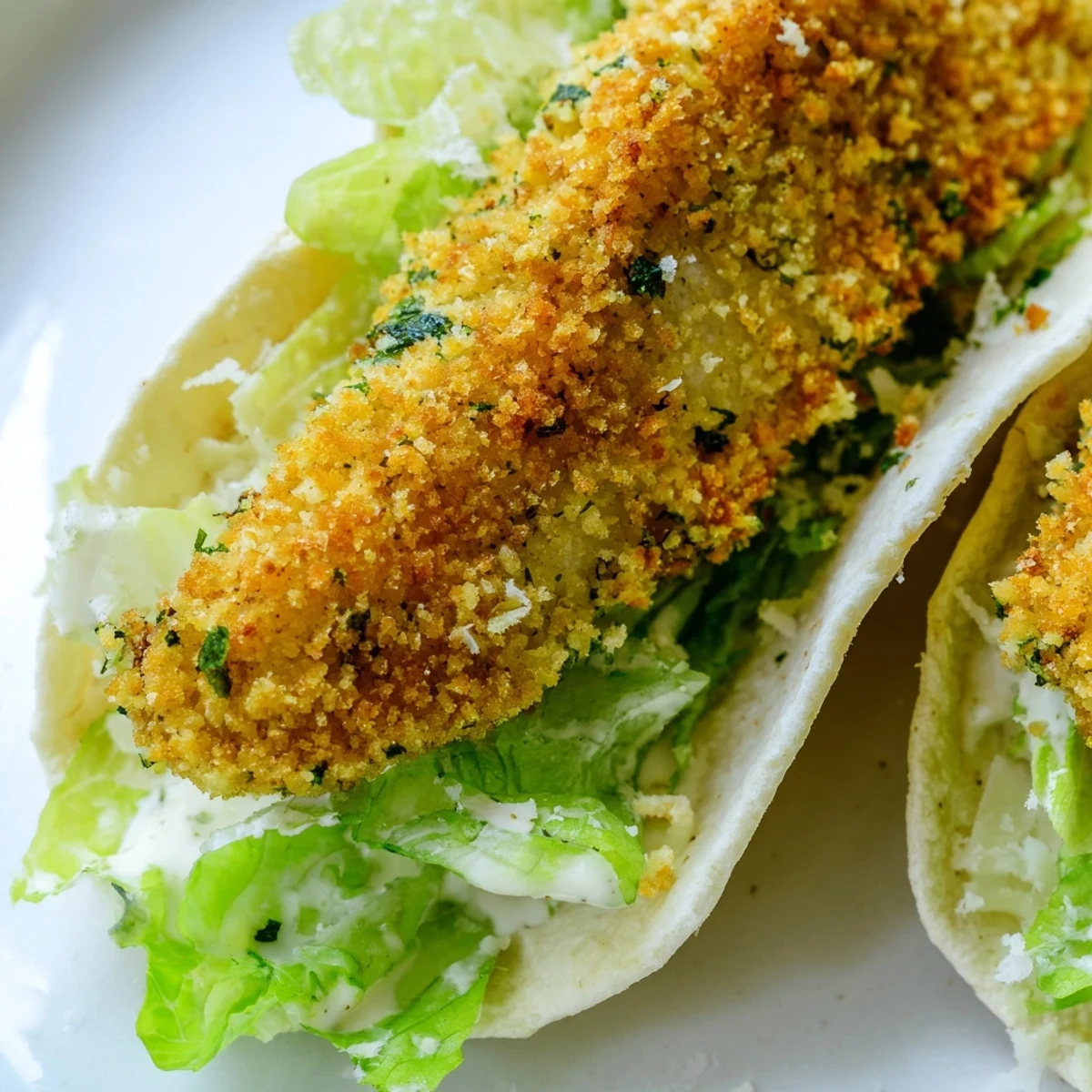 Golden crispy herbed chicken strips nestled in a warm pita pocket, filled with fresh romaine Caesar salad.