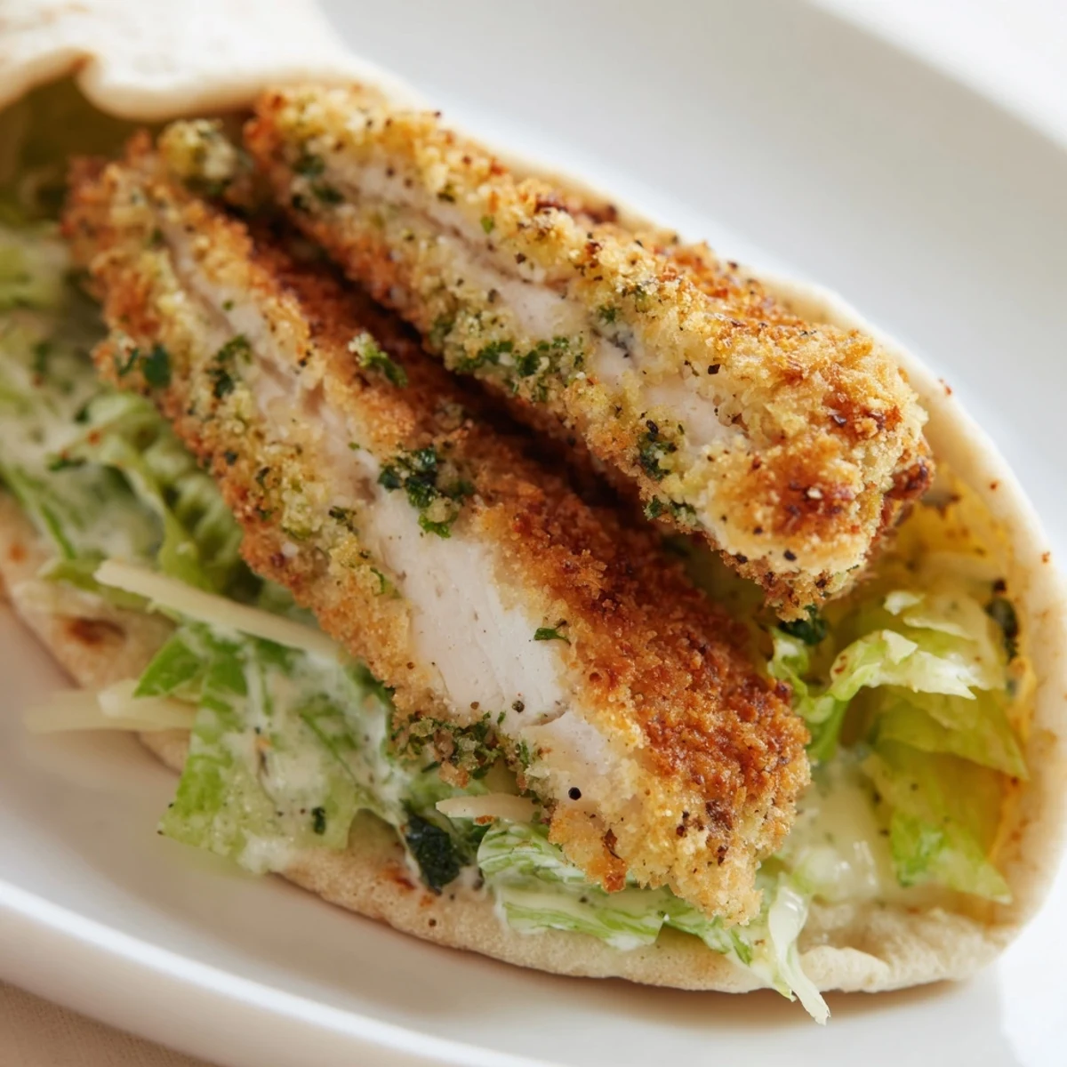 A close-up of stuffed pita halves showcasing tender herbed chicken, crisp greens, and shaved Parmesan, perfect for weeknight dinners.