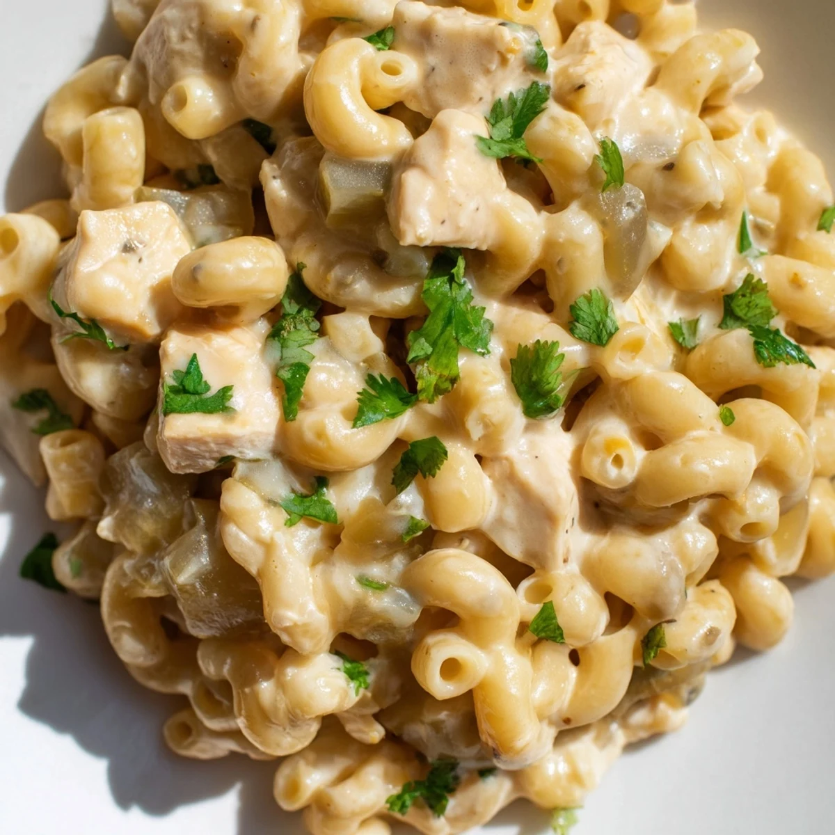 Steaming skillet of homemade Green Chili Chicken Mac, garnished with fresh cilantro and sliced jalapeños for a Southwestern-inspired mac and cheese dinner.