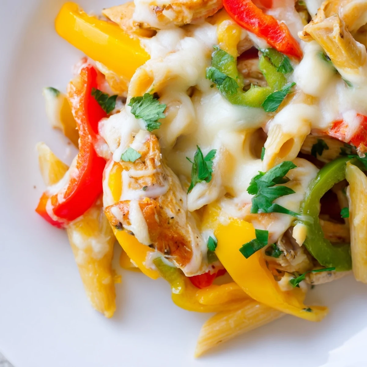 Sizzling fajita chicken pasta skillet with colorful peppers and onions, topped with melted cheese and fresh cilantro.