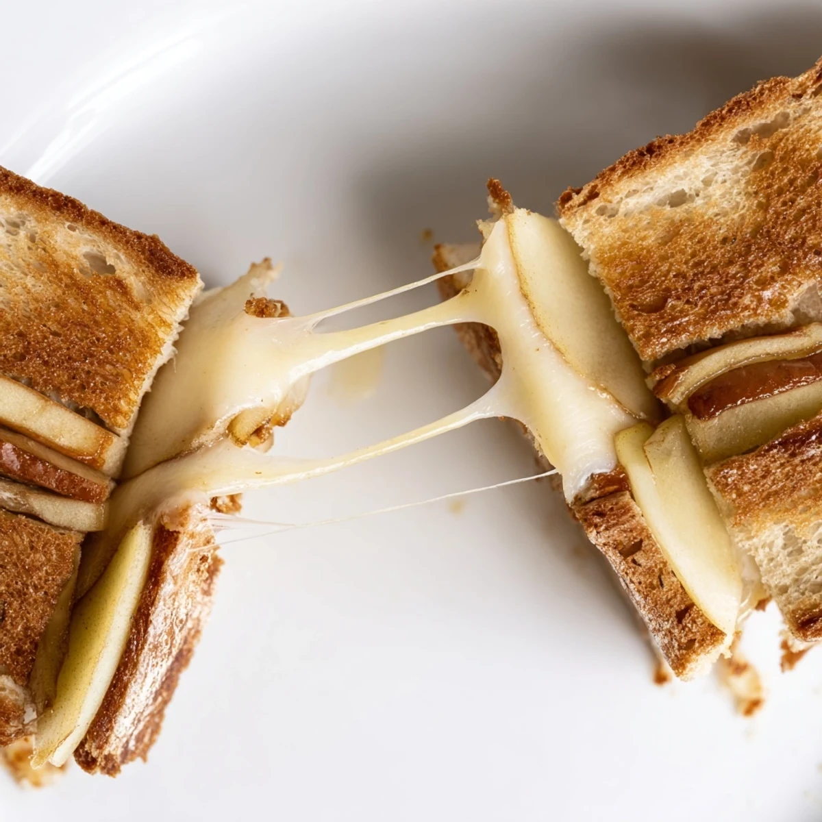 Golden-brown sourdough grilled cheese sandwich filled with melted smoked Gouda and crisp apple slices, served on a rustic plate.