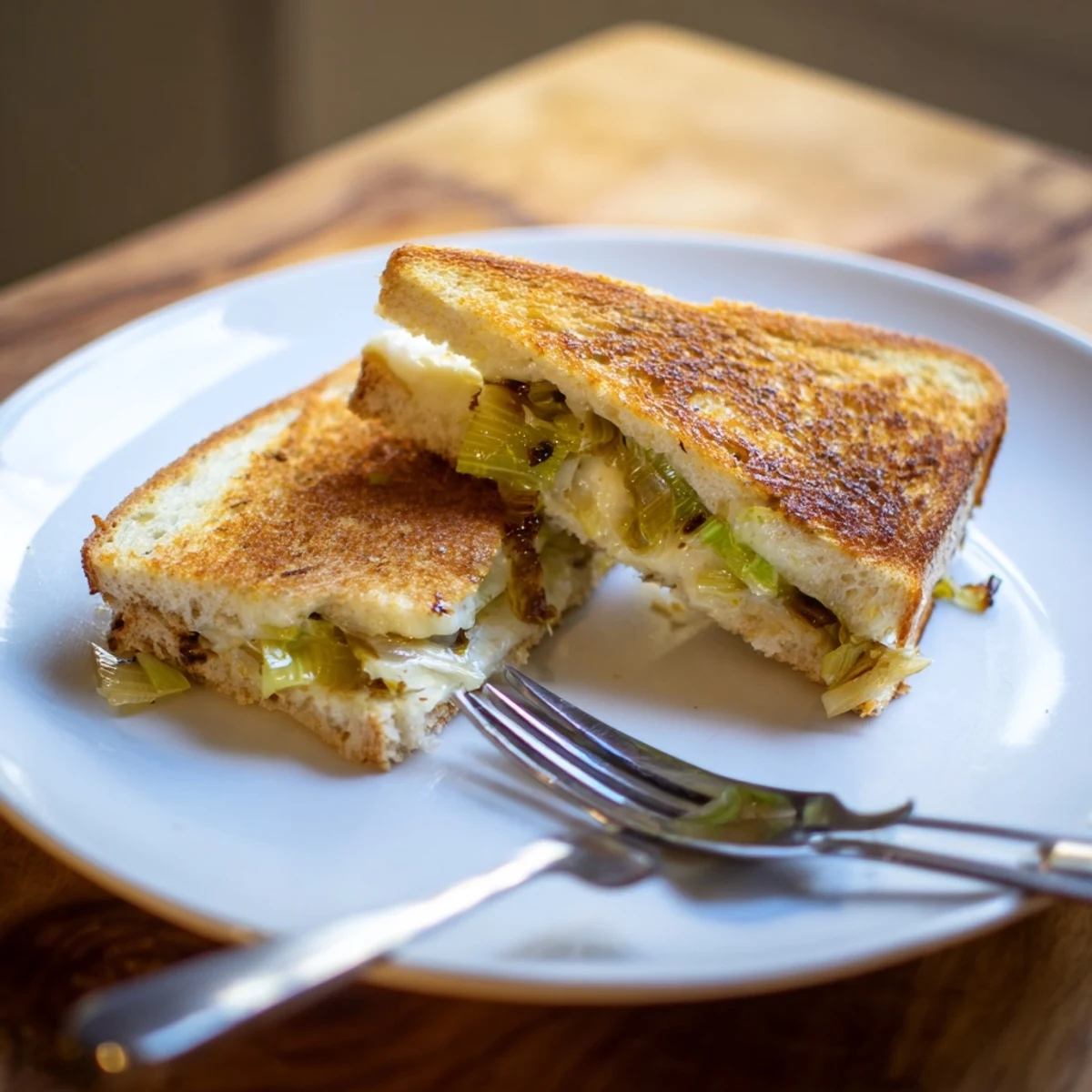 Golden slices of Havarti & Caramelized Leek Grilled Cheese on buttery sourdough, oozing creamy melted cheese with sweet leeks.  