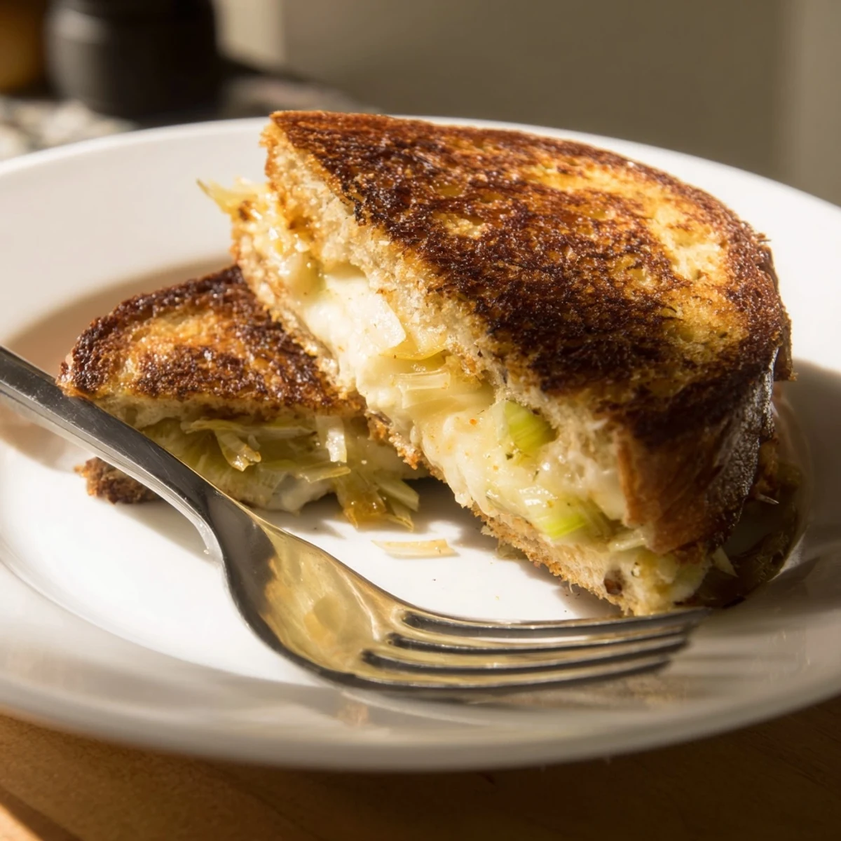Havarti & Caramelized Leek Grilled Cheese cut in half, revealing golden crust, melted cheese, and caramelized leek filling.