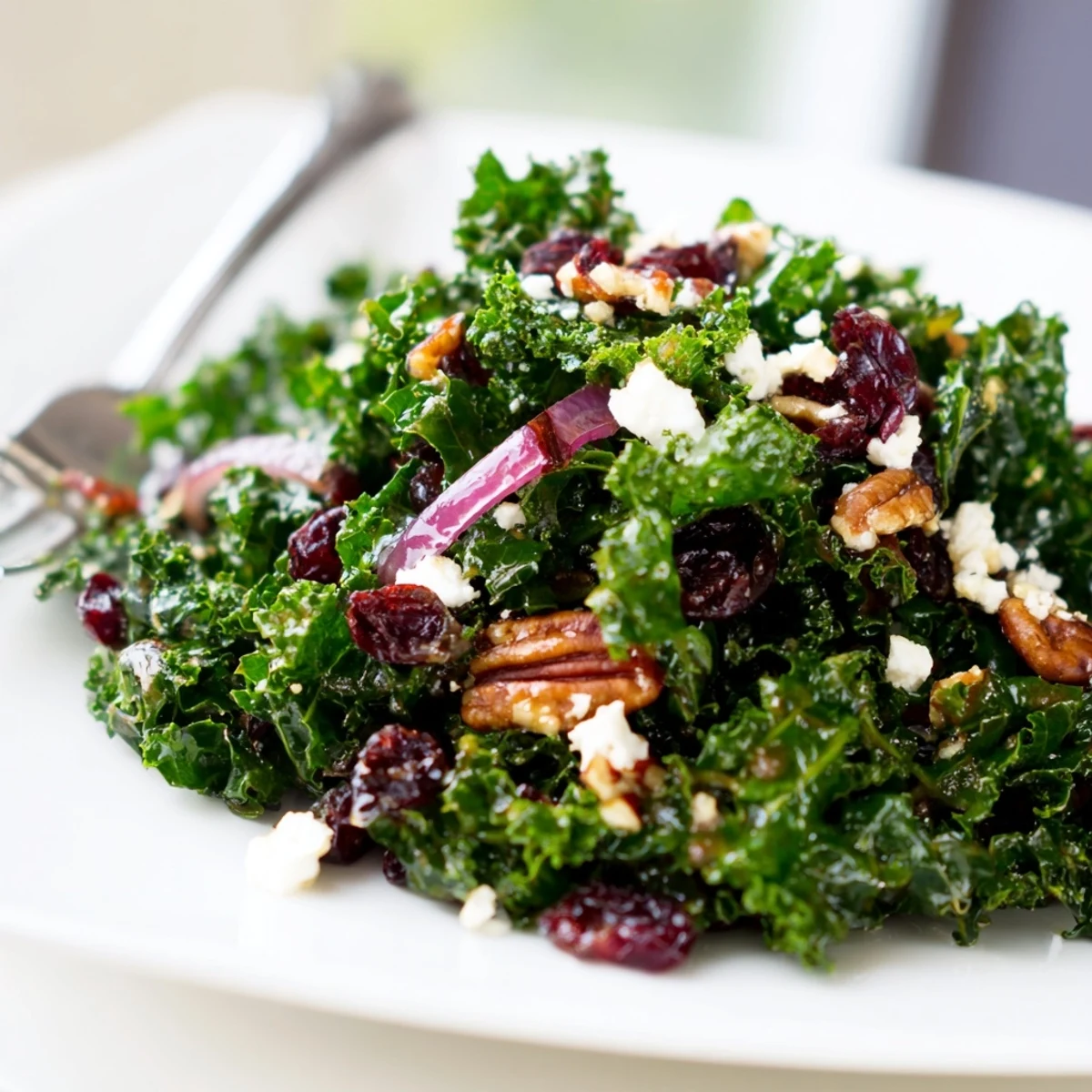 Warm Kale Salad With Maple Mustard Dressing served in a rustic bowl, featuring massaged kale, toasted pecans, and dried cranberries.  