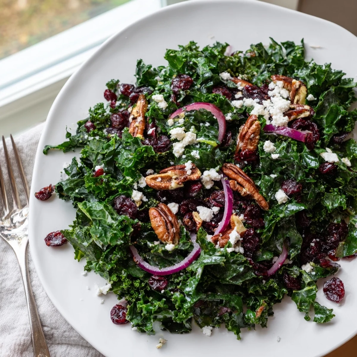 This vegetarian and gluten-free Warm Kale Salad With Maple Mustard Dressing is topped with crumbled feta and sliced red onion for a savory-sweet bite.  