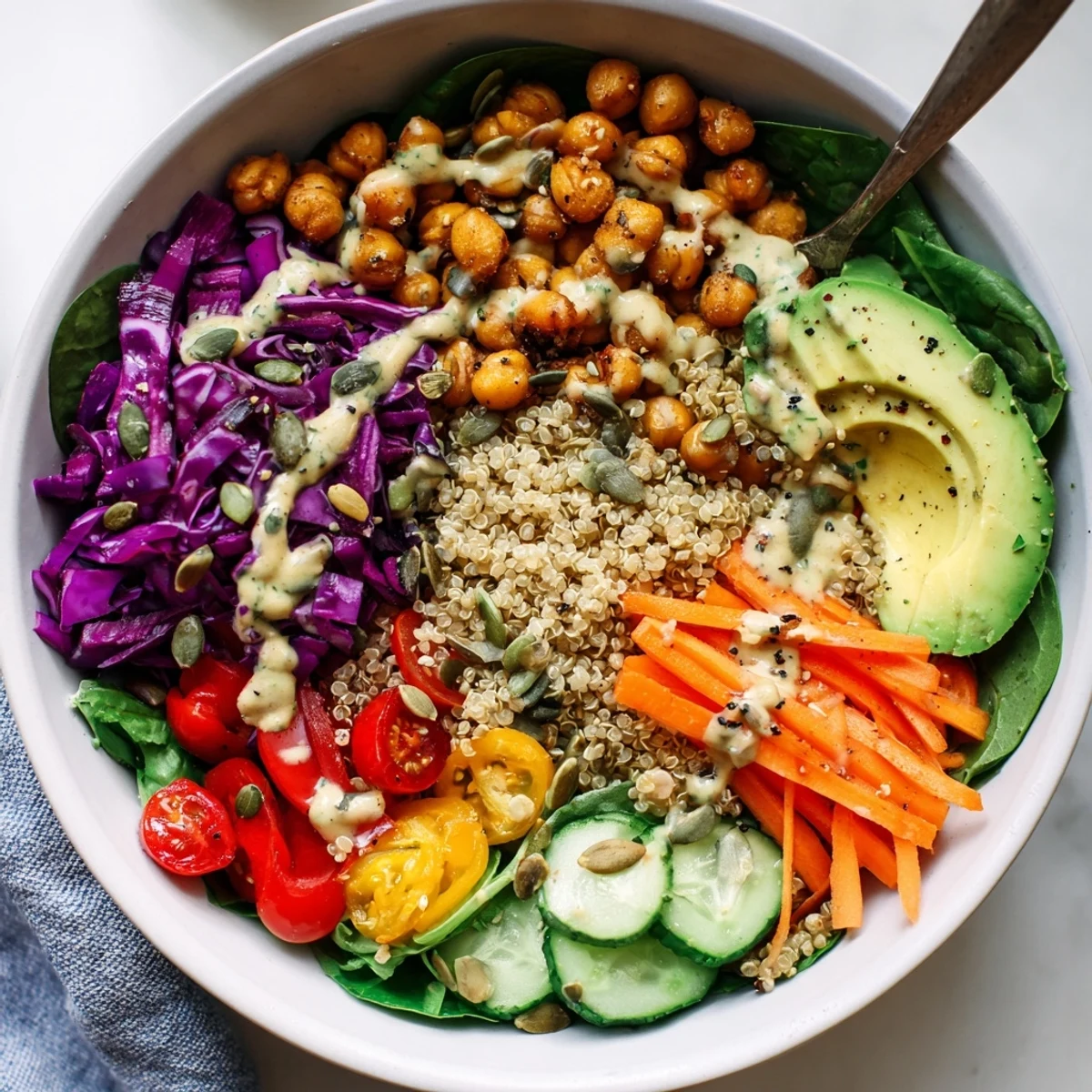 A vibrant Rainbow Buddha Bowl With Quinoa topped with colorful veggies, avocado, and seeds on a bright plate.