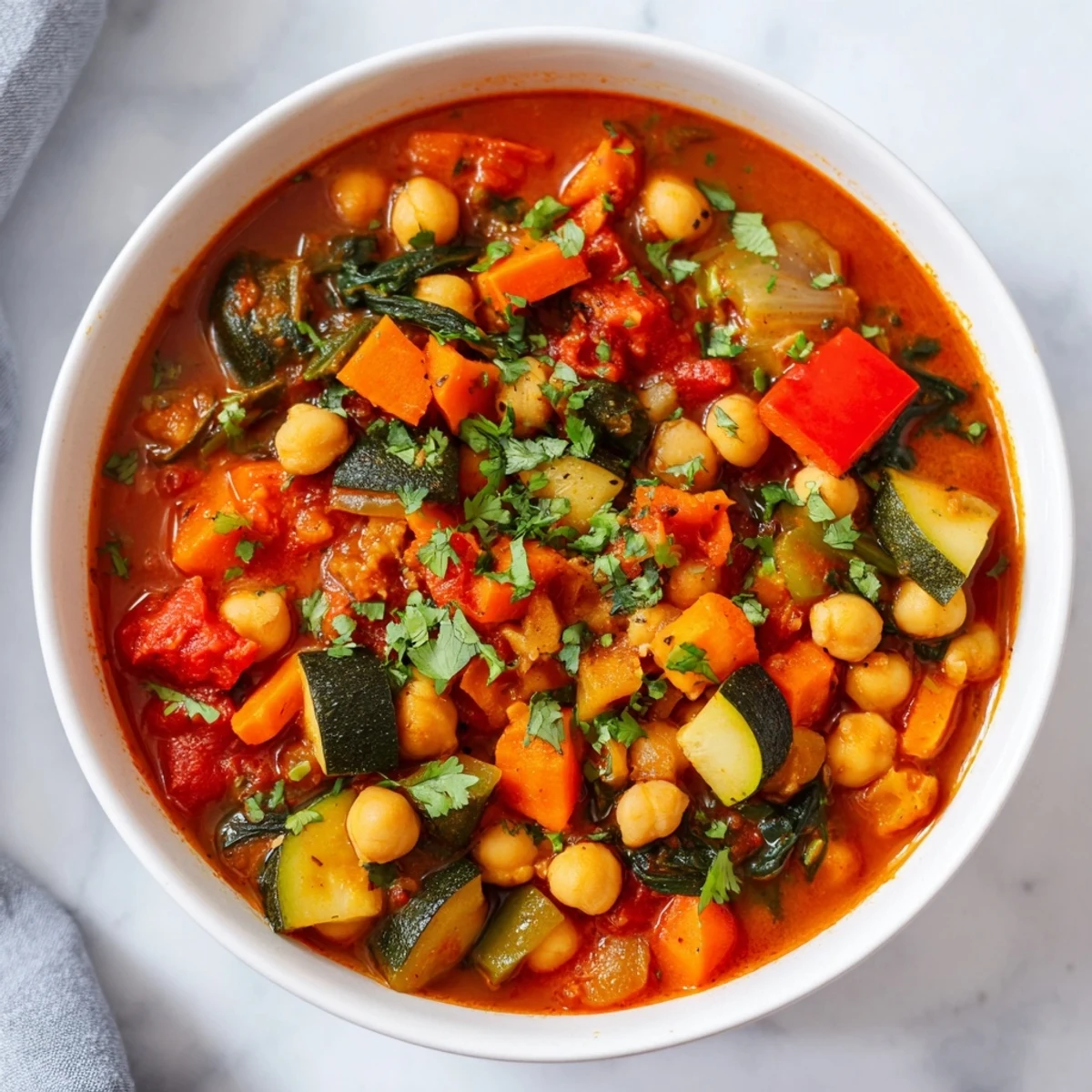 A steaming bowl of Spicy Chickpea Stew garnished with fresh cilantro and lemon wedges, ready to serve.  
