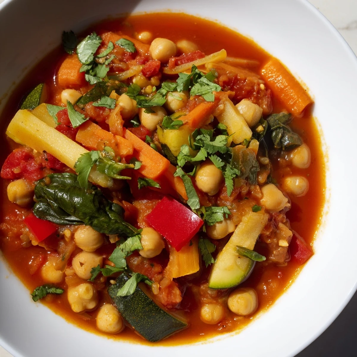 Hearty Spicy Chickpea Stew served with crusty bread, highlighting tender chickpeas and wilted spinach leaves.