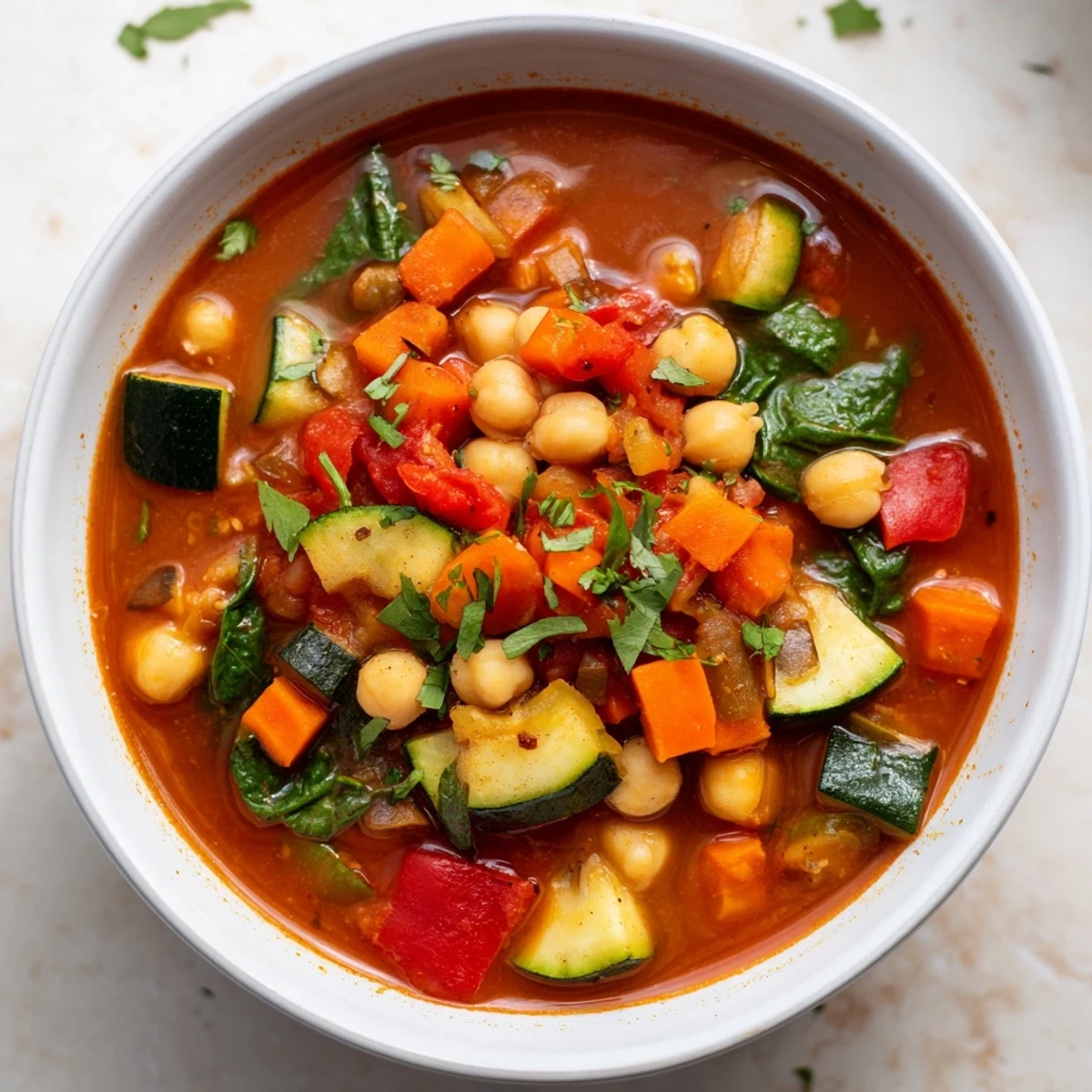 Spicy Chickpea Stew simmering in a pot with vibrant diced carrots, bell peppers, and aromatic spices.  