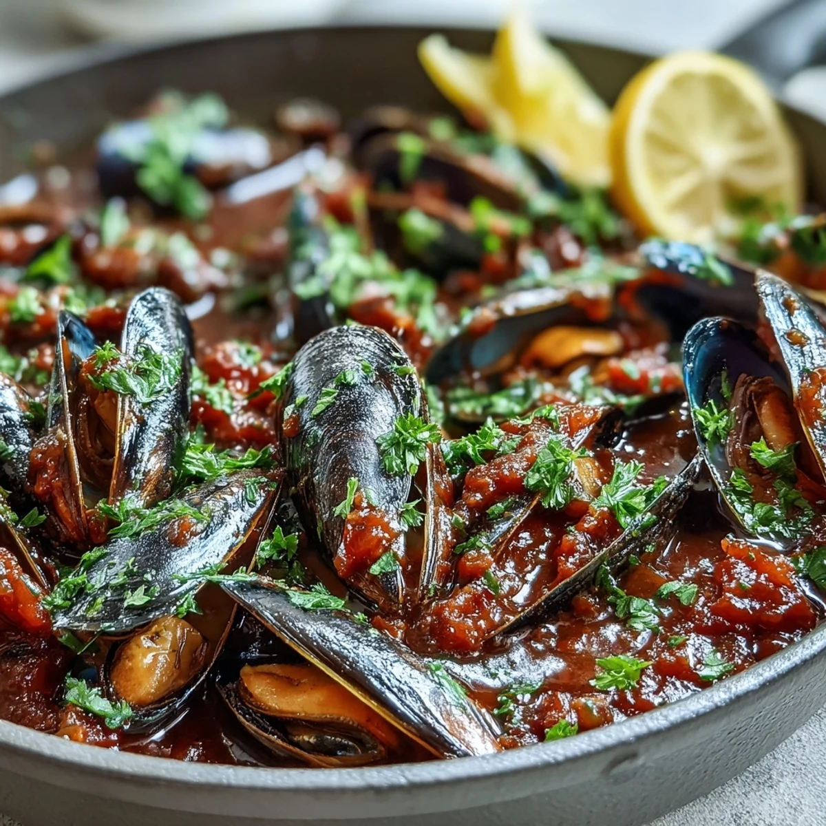 Freshly steamed Smoky Mussels Pomodoro simmering in a rich, vibrant red tomato broth with aromatic garlic and onion.