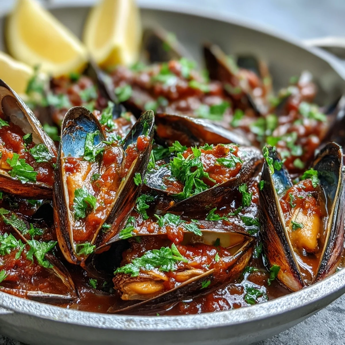 Tender Smoky Mussels Pomodoro served in a rustic bowl, garnished with chopped parsley and lemon wedges beside crusty bread.