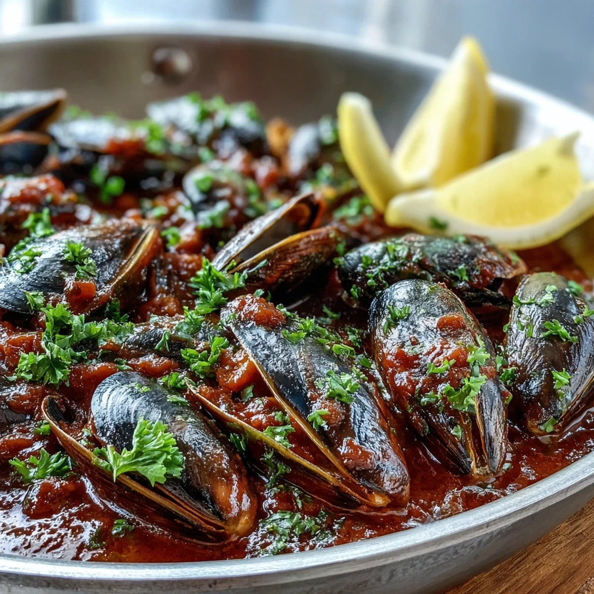 Smoky Mussels Pomodoro cooked in a skillet, featuring smoky paprika-infused tomato sauce and perfectly opened mussels ready to eat.