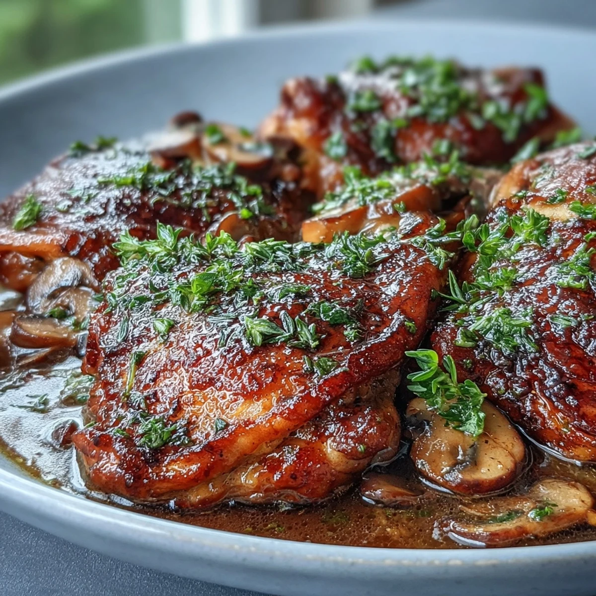 Close-up of Coq au Vin Rosé, showing succulent chicken and carrots in a glossy, herb-flecked sauce.
