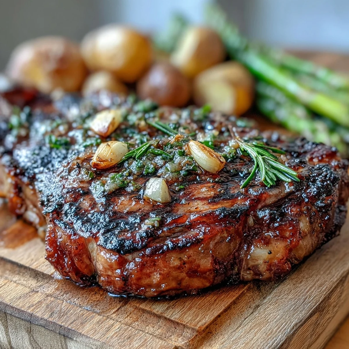 Hearty grilled bone-in rib eye steak dinner with golden potatoes and asparagus, ready to be enjoyed with a glass of wine.