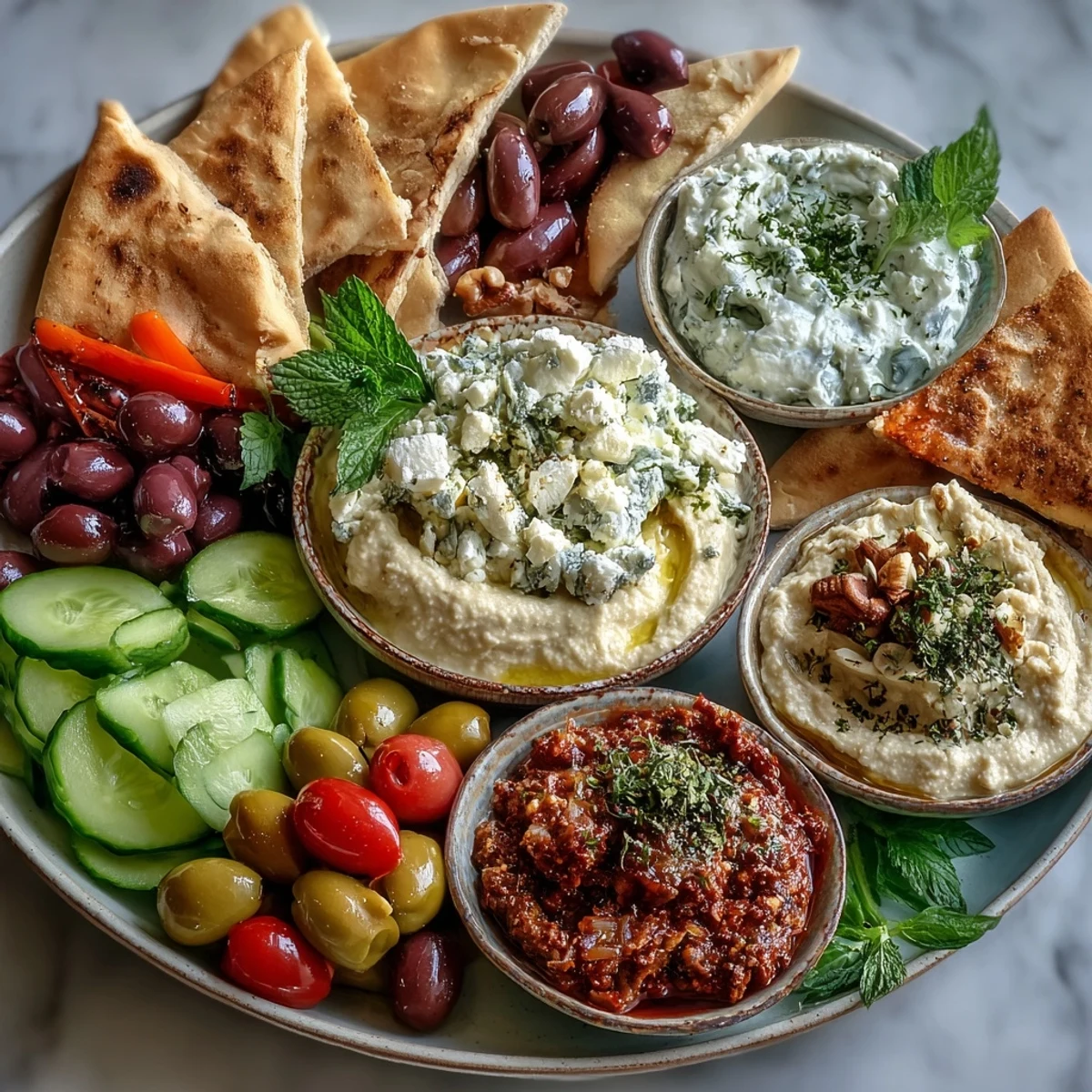 Abundant Mediterranean Brunch Board with dips and flatbreads surrounded by crisp veggies and briny olives.