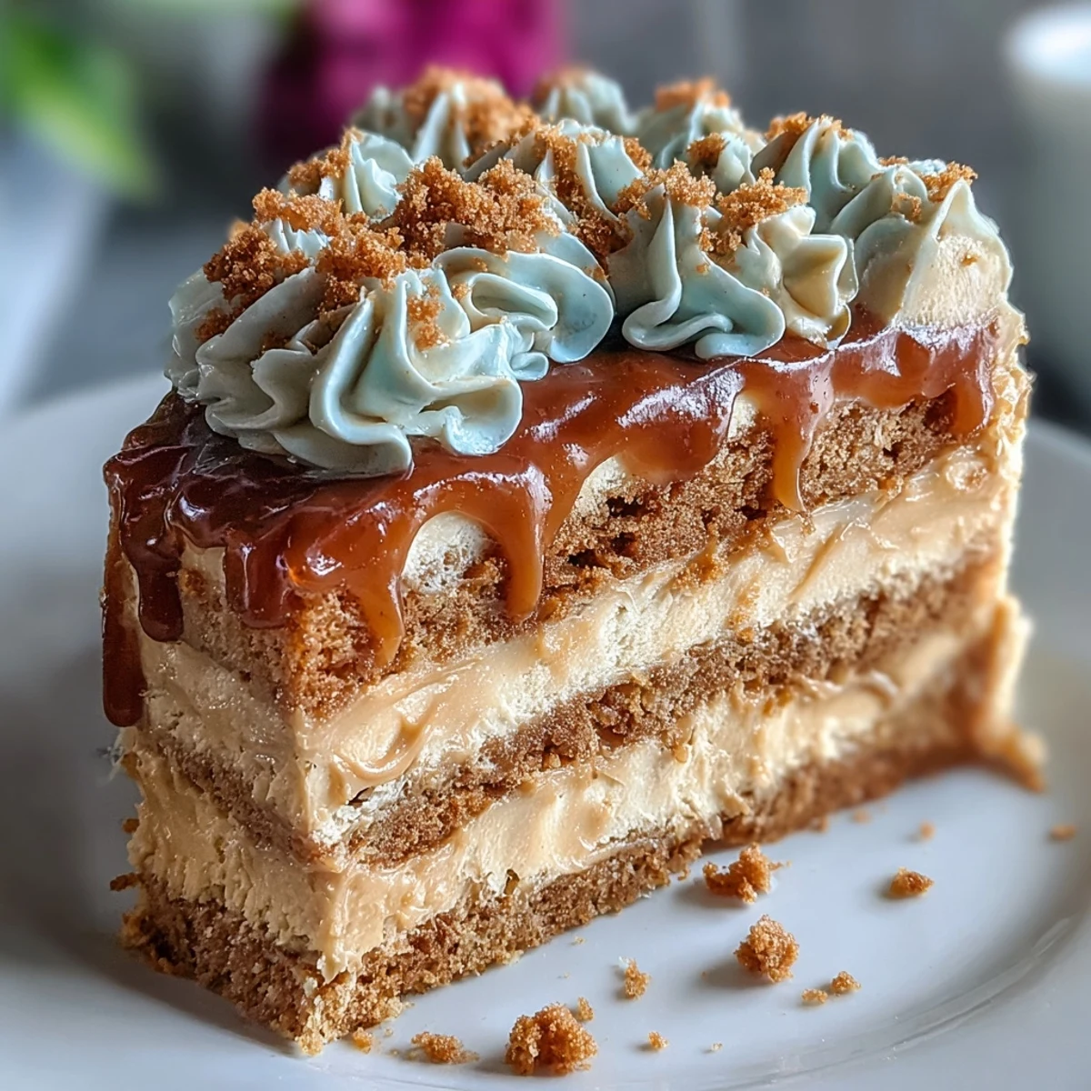 A frosted slice of Decadent Baked Biscoff Cake showcases the creamy Lotus frosting and crumbly cookie texture.