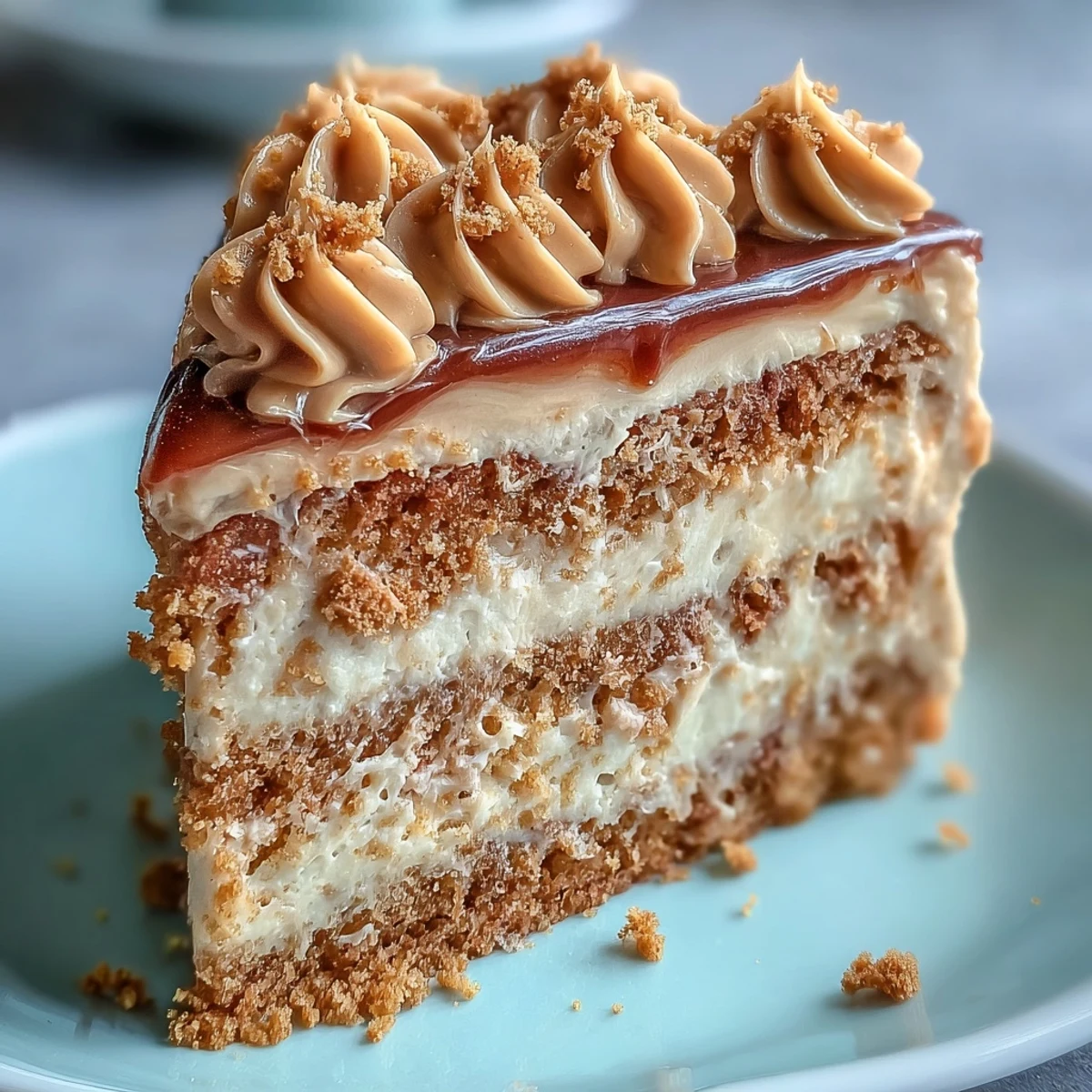 Freshly baked Decadent Baked Biscoff Cake with a drizzle of Lotus spread on a rustic wooden table.