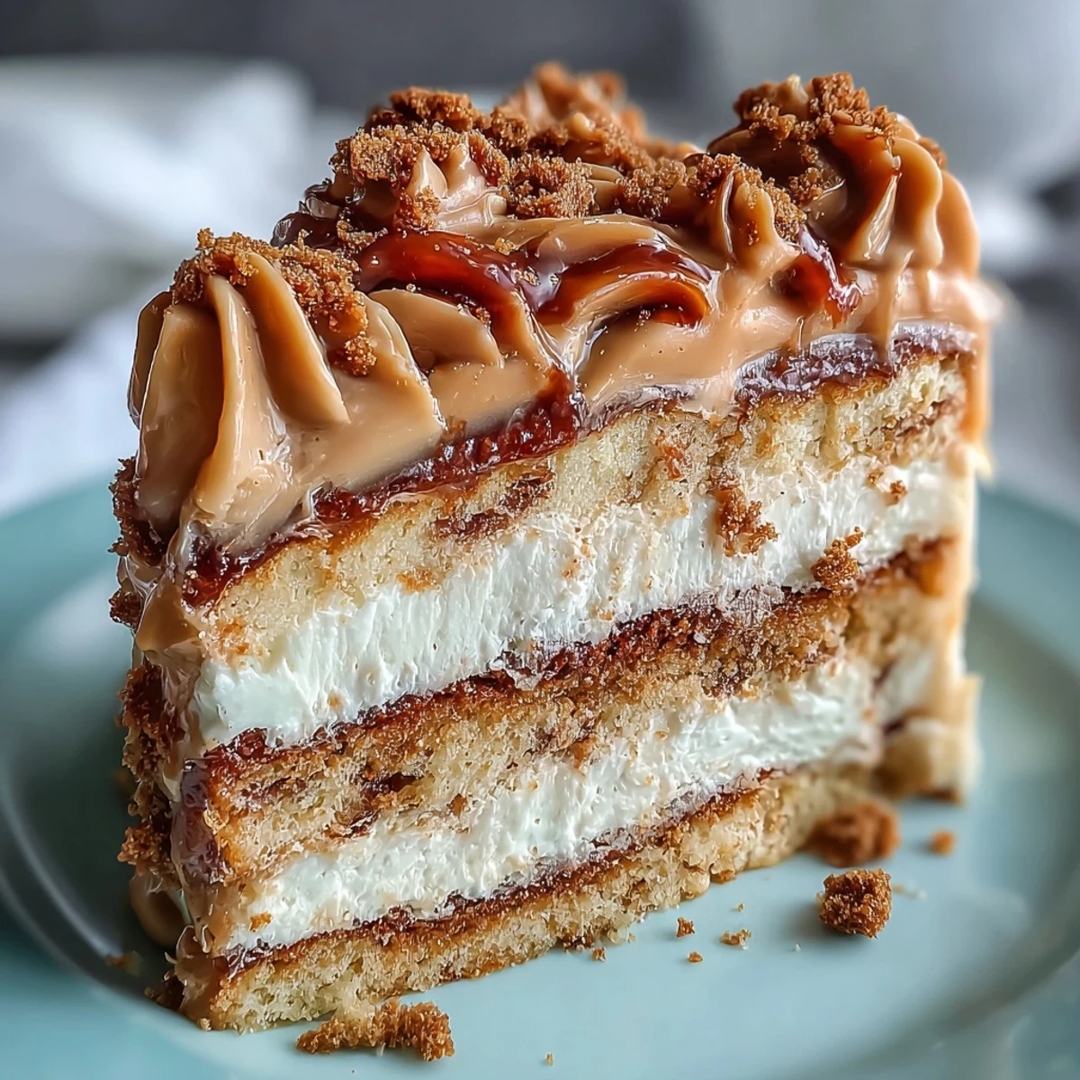 Serving of Decadent Baked Biscoff Cake with creamy frosting and a hot cup of coffee on the side.