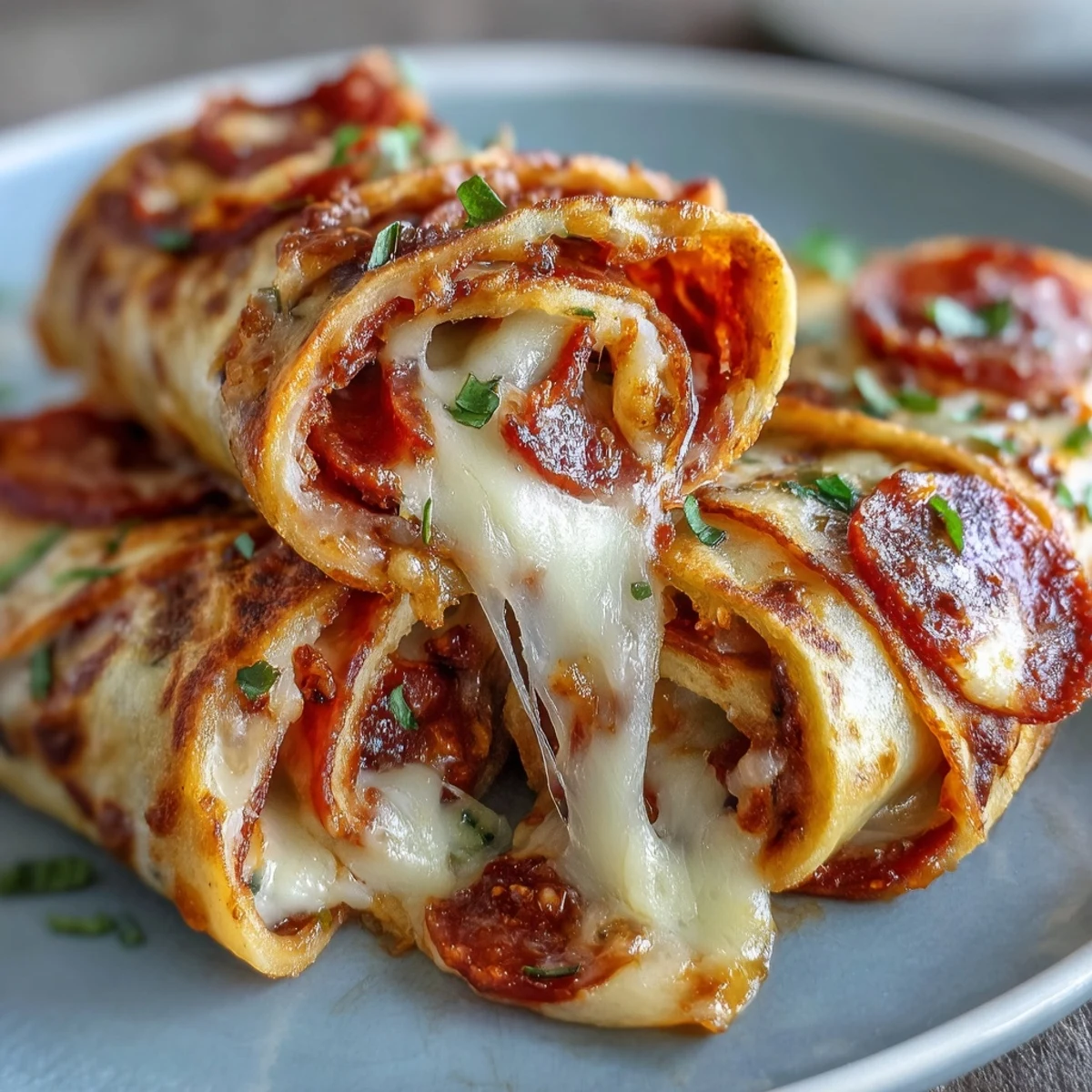 Warm Tortilla Pizza Rolls are sliced open to reveal a gooey cheese pull and zesty tomato sauce.