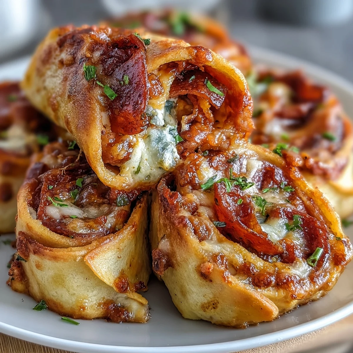 Freshly baked Tortilla Pizza Rolls on a plate show melted mozzarella, red pepperoni, and diced bell peppers.