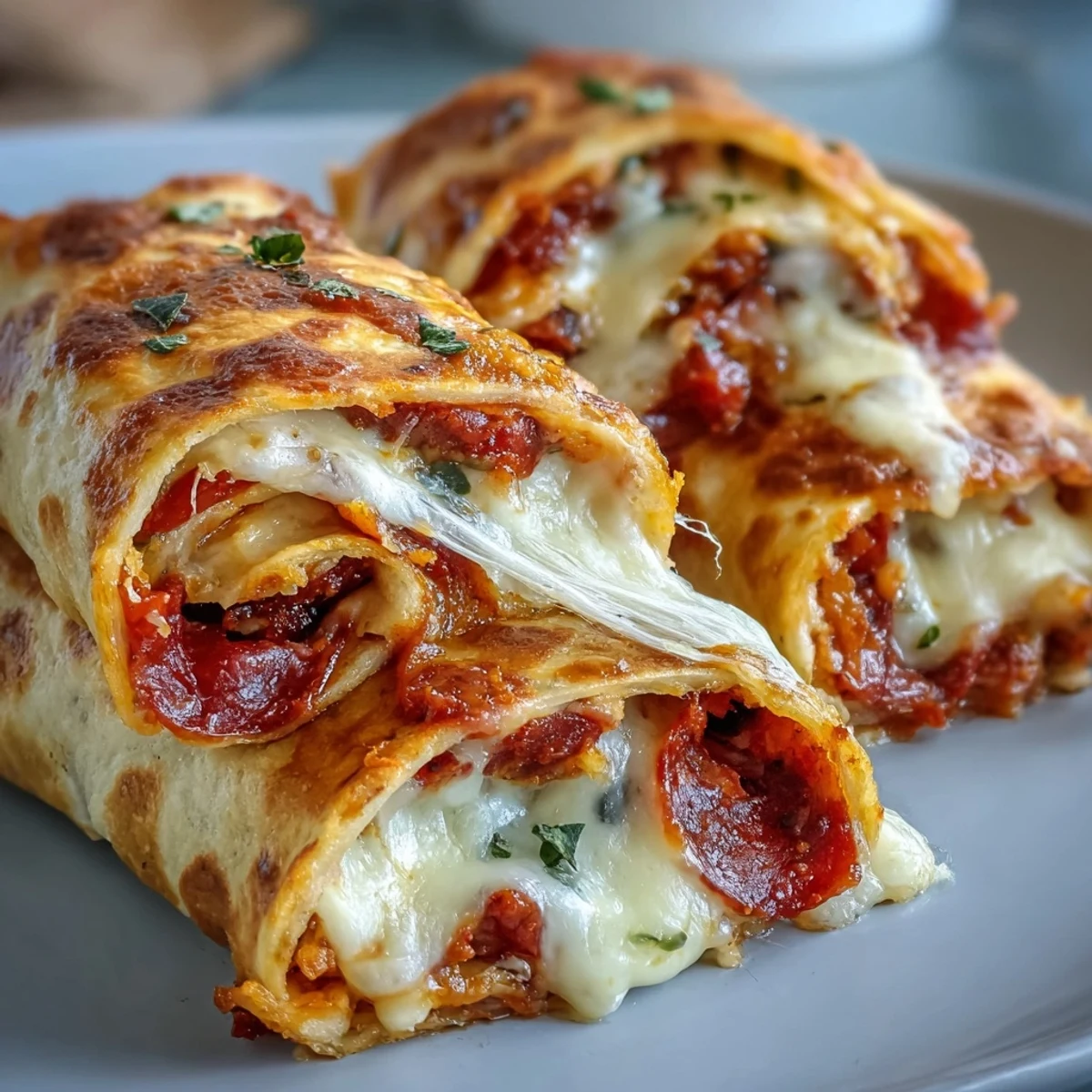 Golden Tortilla Pizza Rolls on a baking sheet are garnished with black olives and Italian seasoning.