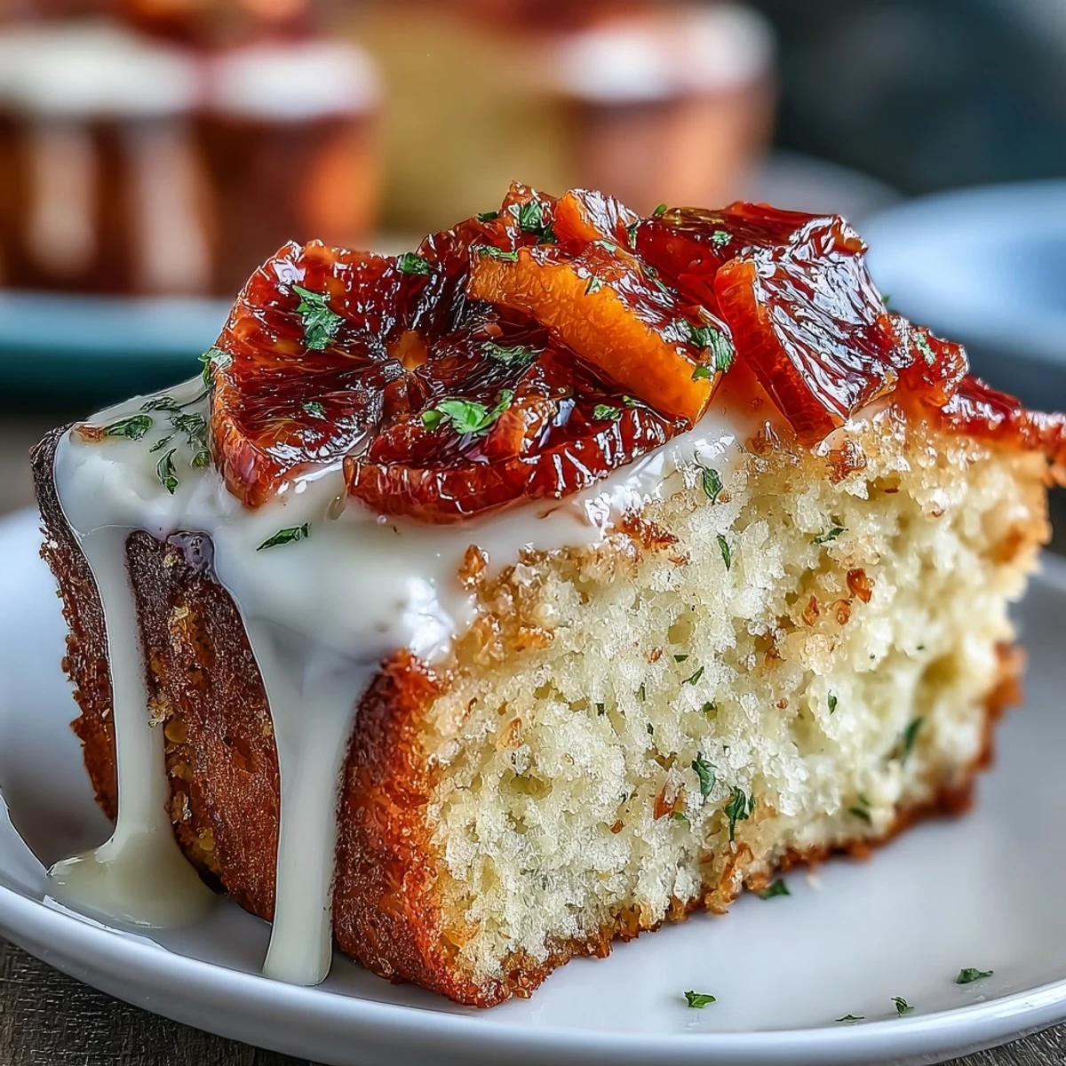 A slice of moist Heavenly Blood Orange Yogurt Cake reveals a tender crumb with creamy Greek yogurt, on a bright white plate.