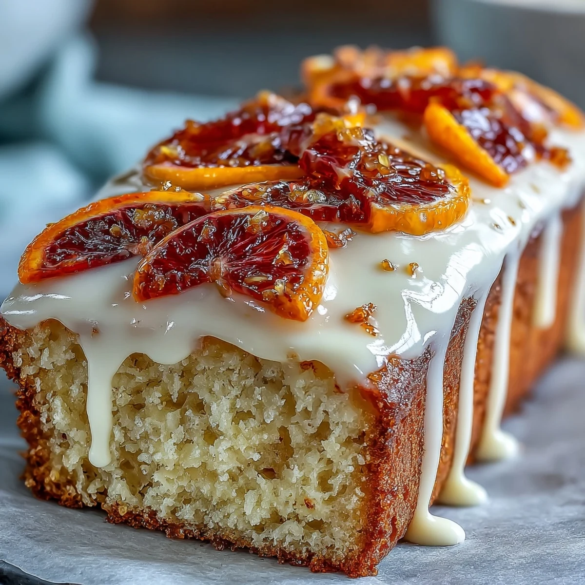 A loaf of Heavenly Blood Orange Yogurt Cake with vibrant orange zest icing, ready to be served with coffee for dessert.