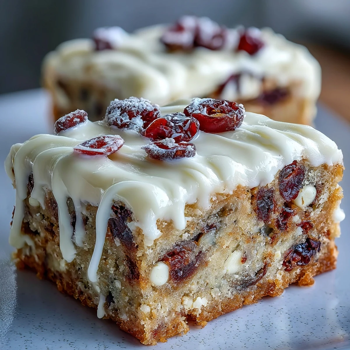 Freshly baked Cranberry Bliss Bars on parchment, showing a moist, buttery base with white chocolate chips and orange zest frosting.