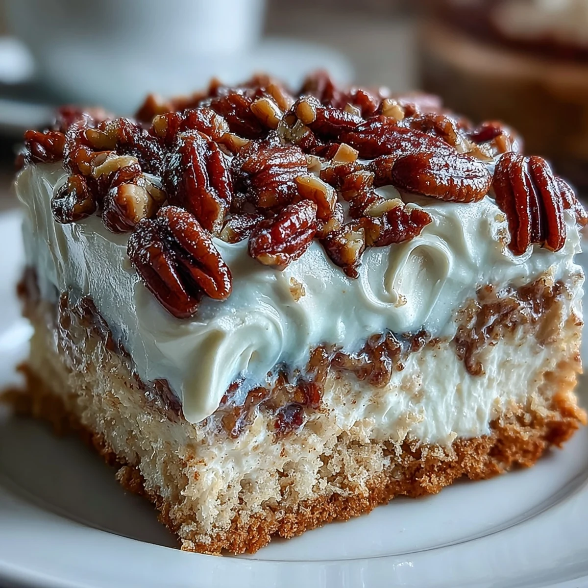 Decadent Butter Pecan Tres Leches Cake served in a glass dish, loaded with creamy topping and crunchy candied nuts.