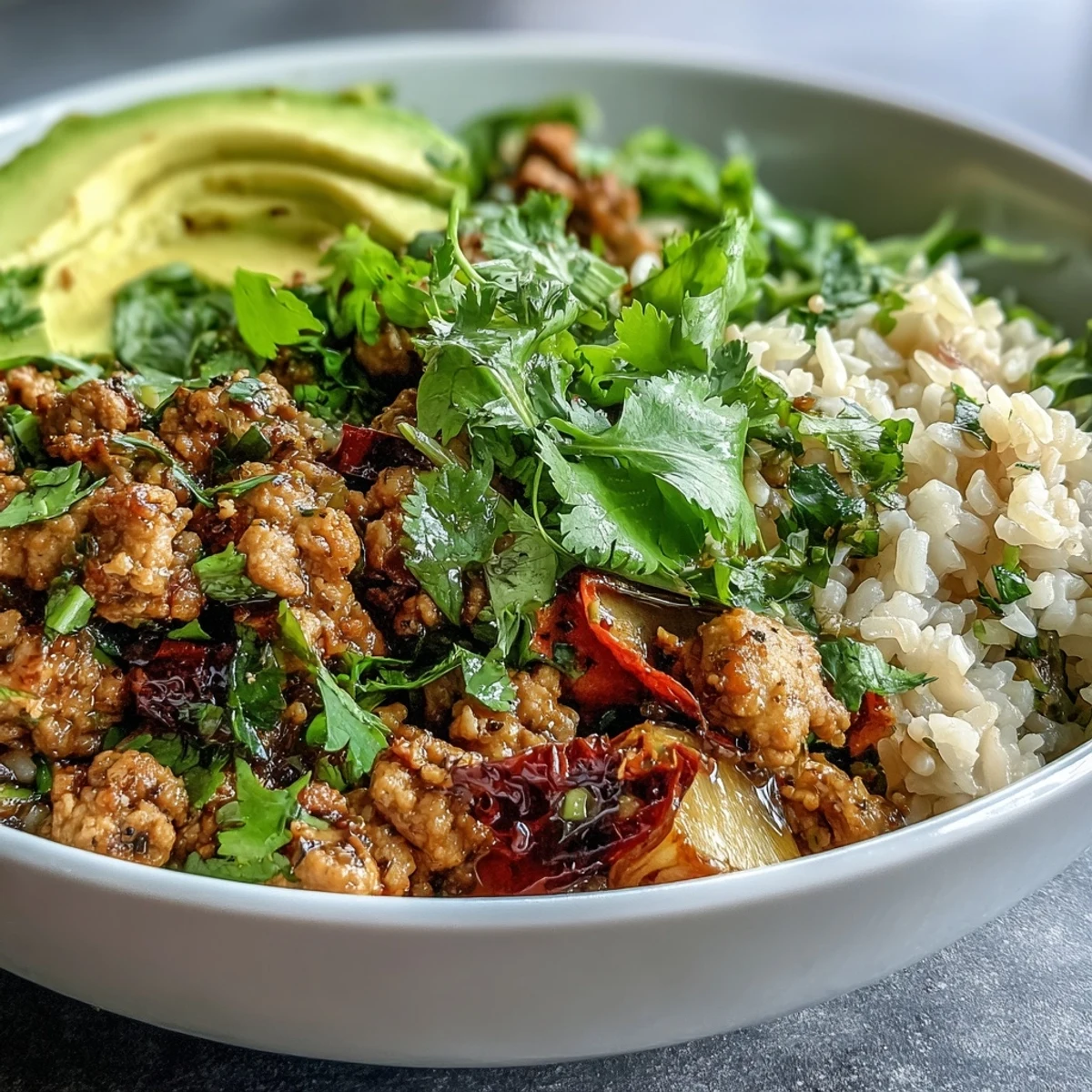 Assemble this easy Ground Turkey Bowl with seasoned turkey, zucchini, bell peppers, and onion on a bed of brown rice, finished with avocado and herbs.