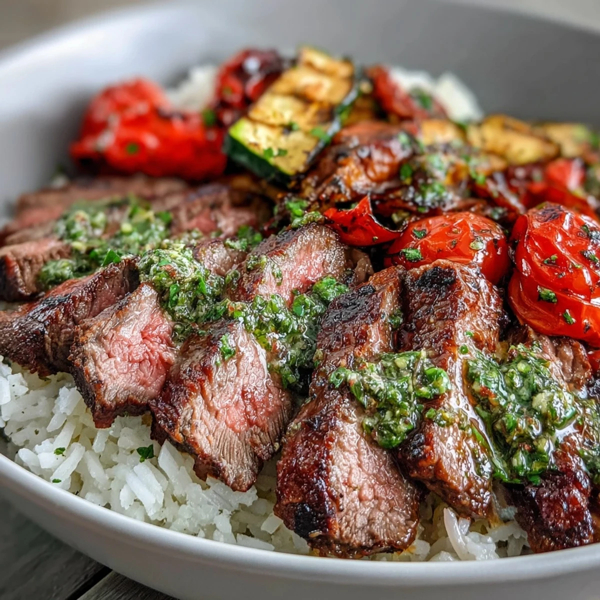 Golden-brown grilled steak slices rest on fluffy white rice with roasted red bell peppers, zucchini, and onions, all topped with a bright green chimichurri sauce.