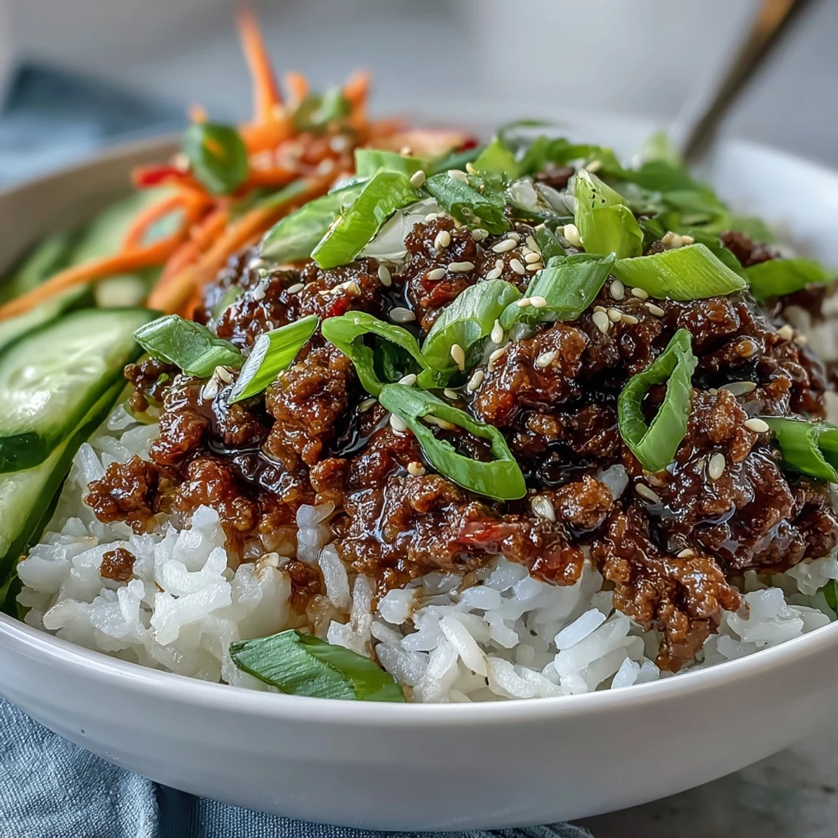 Steaming Korean Ground Beef Bowl features savory beef and bright pickled carrots over fluffy jasmine rice.