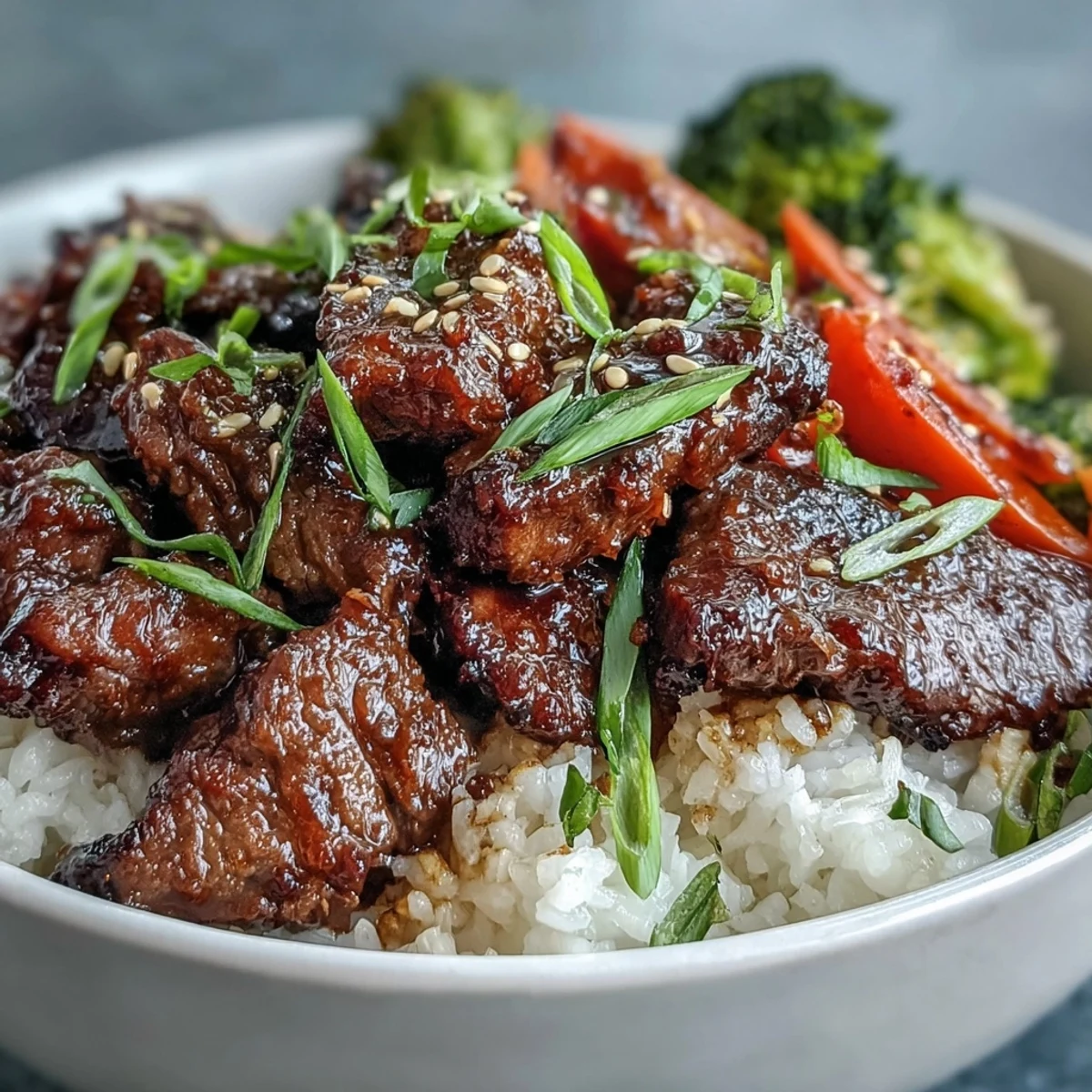 Homemade Teriyaki Beef Bowl with fluffy rice, glazed beef, and colorful vegetables ready to serve.